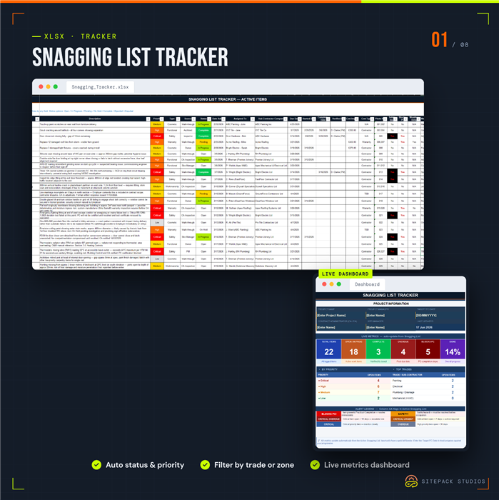 Screenshot of the UK Snagging List Tracker spreadsheet and live dashboard