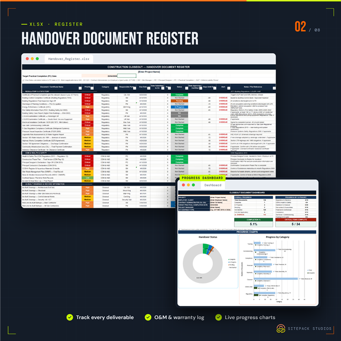 Screenshot of the UK Handover Document Register