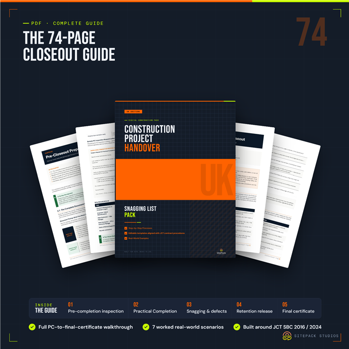 Preview spread of the UK Construction Closeout & Handover Guide